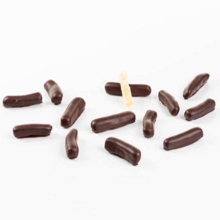 Bâtonnets de gingembre confits revêtus de chocolat noir bio - 100 g