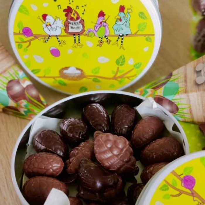 Boîte de pralinés et friture de chocolats bio - metal ronde 200 g